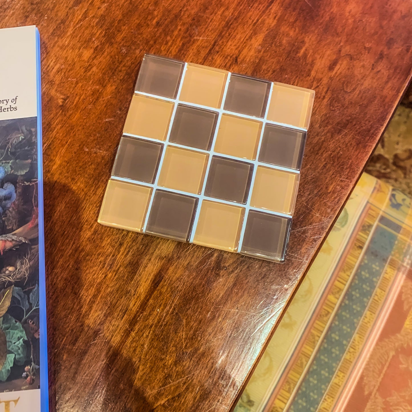 Subtle Art Studio "Vintage Love" glass tile coaster (monochromatic brown checker)