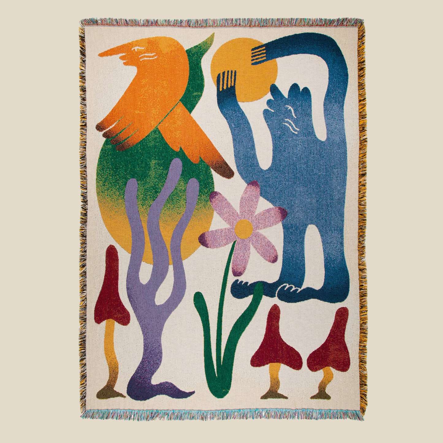 "Dumont" Jacquard Woven throw depictsa playful scene with abstract mushroom and dancing figures.