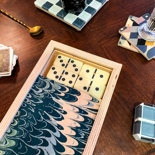 marble seafoam green domino set made with FSC certified birch