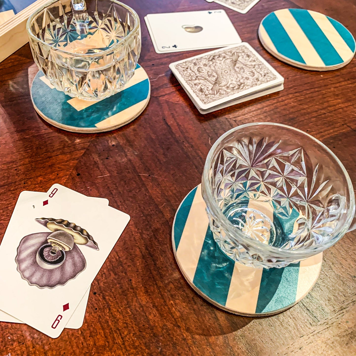 Mid century modern inspired wooden coaster set (FSC Certified) Teal Stripe