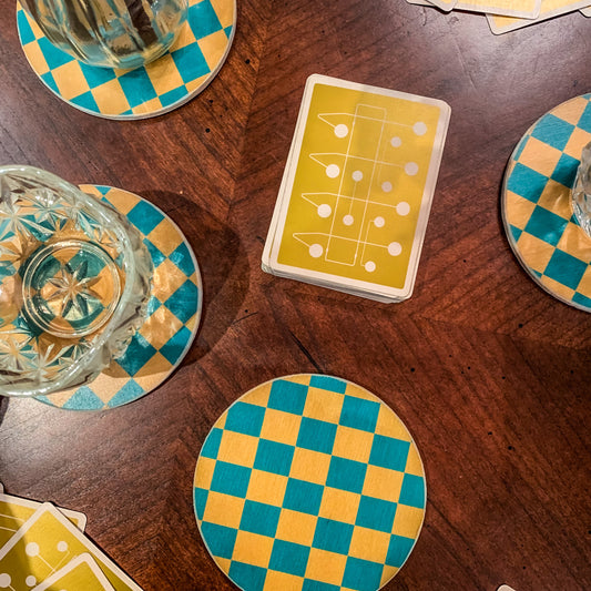 Mid century modern inspired wooden coaster set (FSC Certified) teal yellow checker