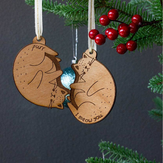 Wood Ornament Pair ~  I Meow You