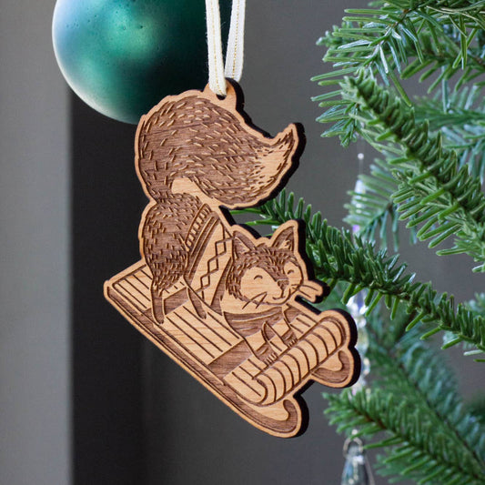 Wood Ornament  ~  Sledding Fox