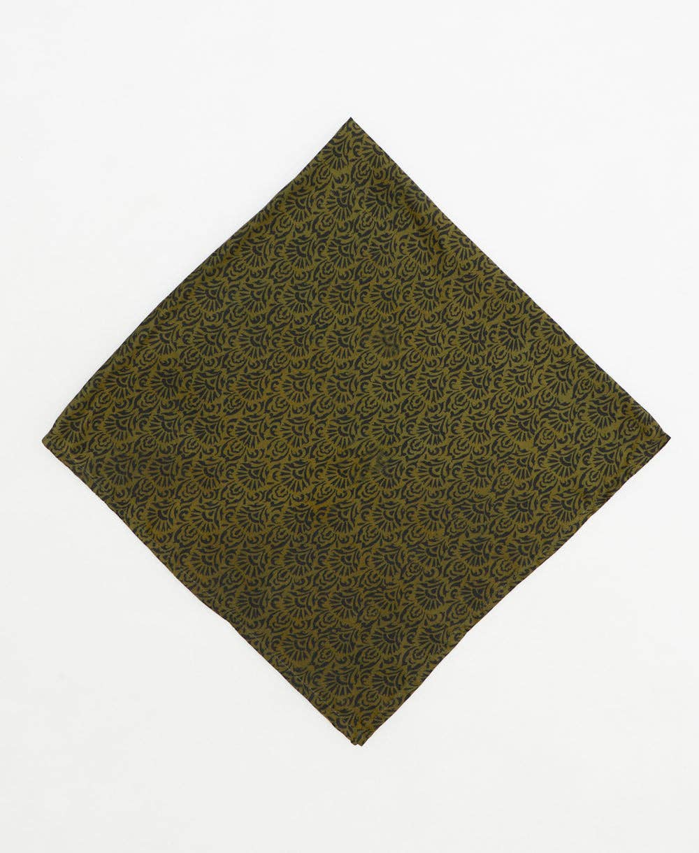 Vintage Silk Bandana ~ Golden Green Motif
