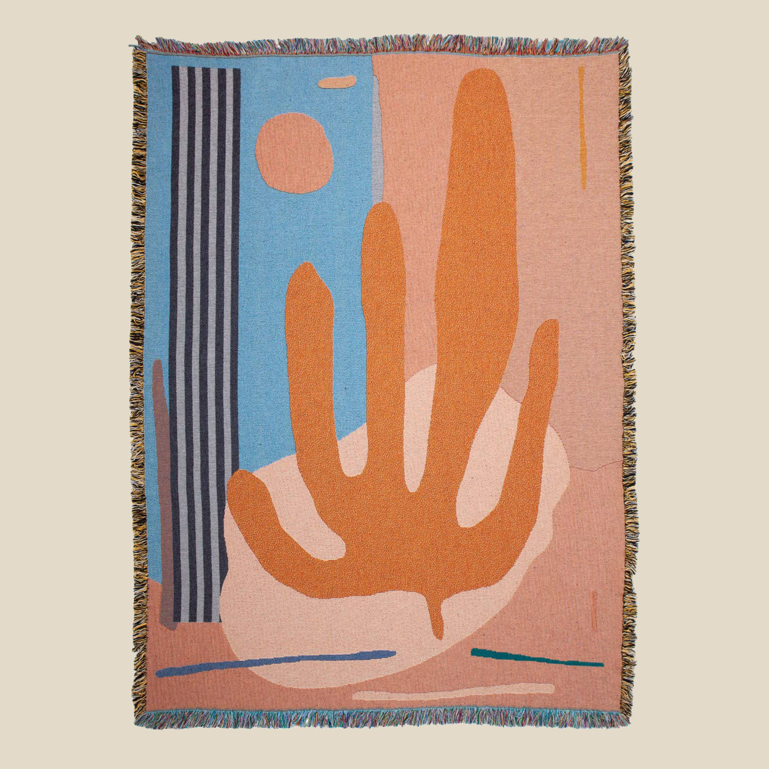 "Hazelwood" Jacquard Throw depicts an abstract orange cactus on a summer desert sunset scene with earthy pink and blue hues