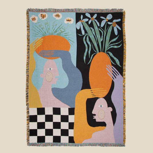 "Moretti" Jacquard Throw shows two figures with pots on their head and long abstract fingers. theres a checker section on the bottom left and bees on top 