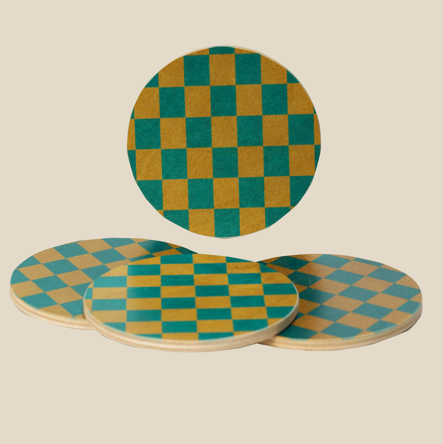 Coasters (Set of 4) ~ Yellow/Teal Checkers