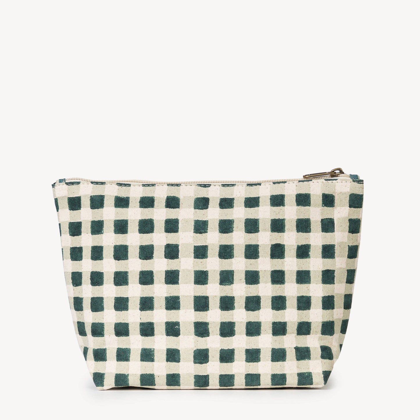 Checkered pouch with green and white pattern on a white background