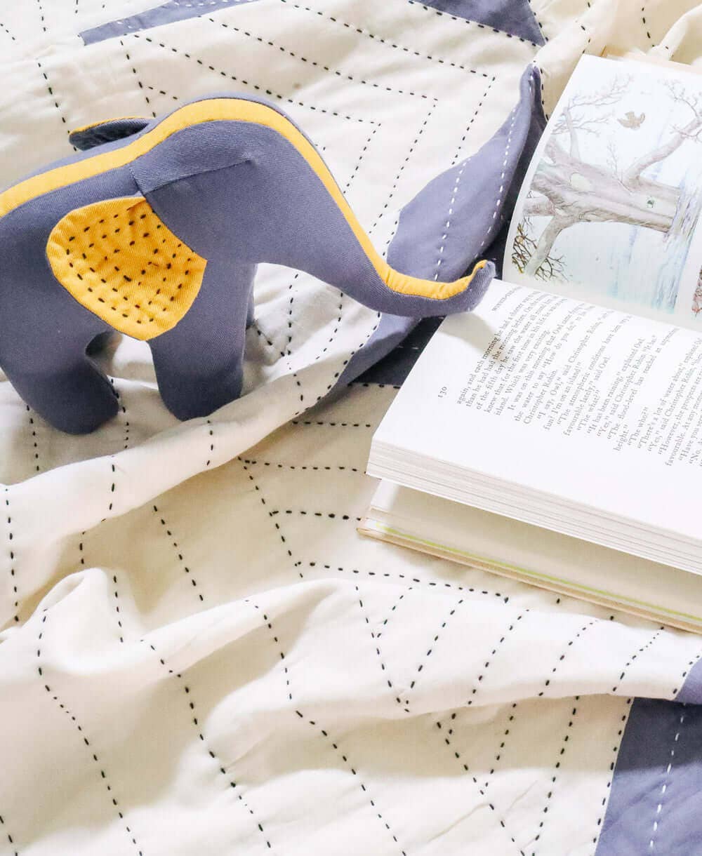 Kantha Handmade Stuffed Elephant ~ Blue Mustard