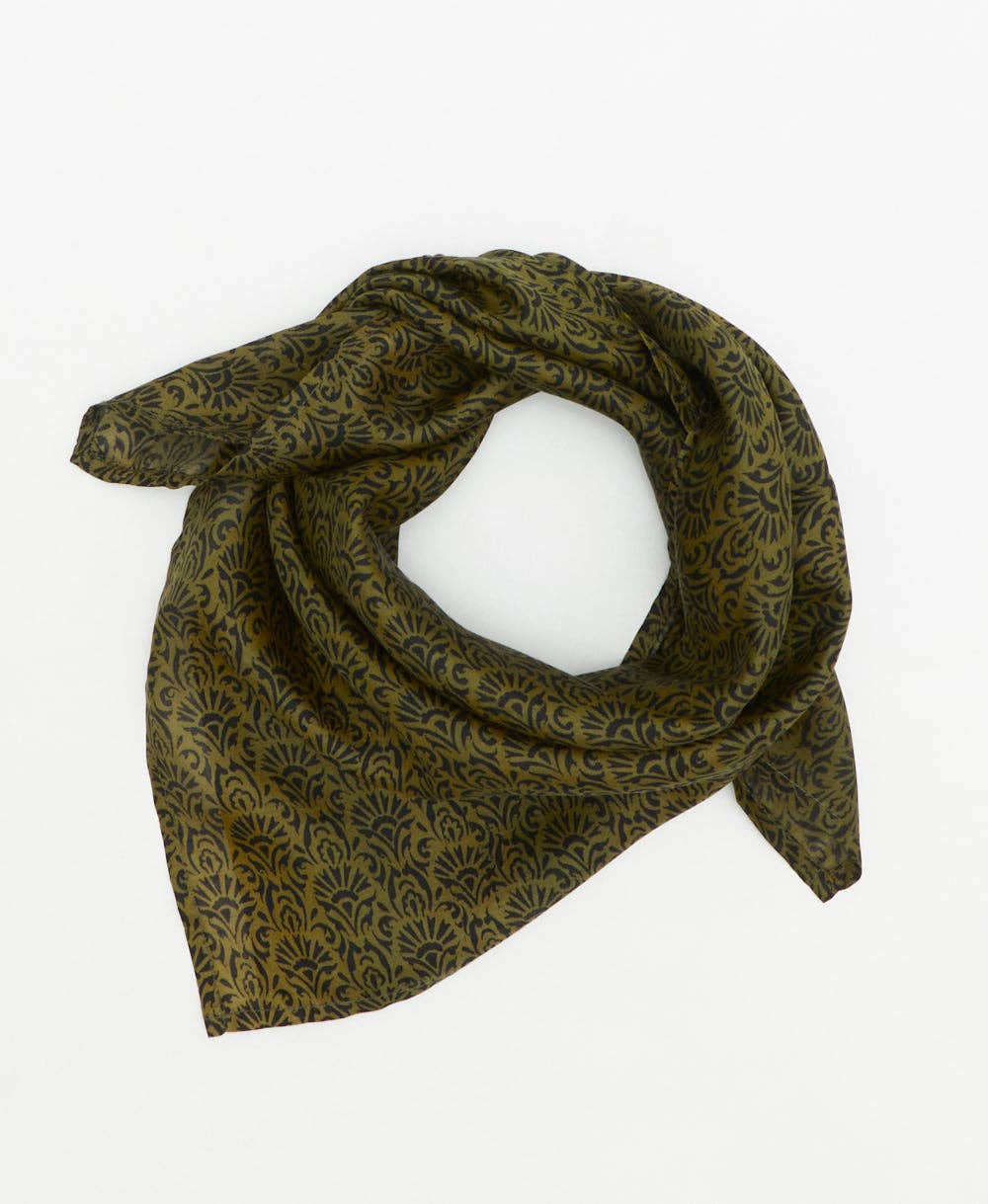 Vintage Silk Bandana ~ Golden Green Motif
