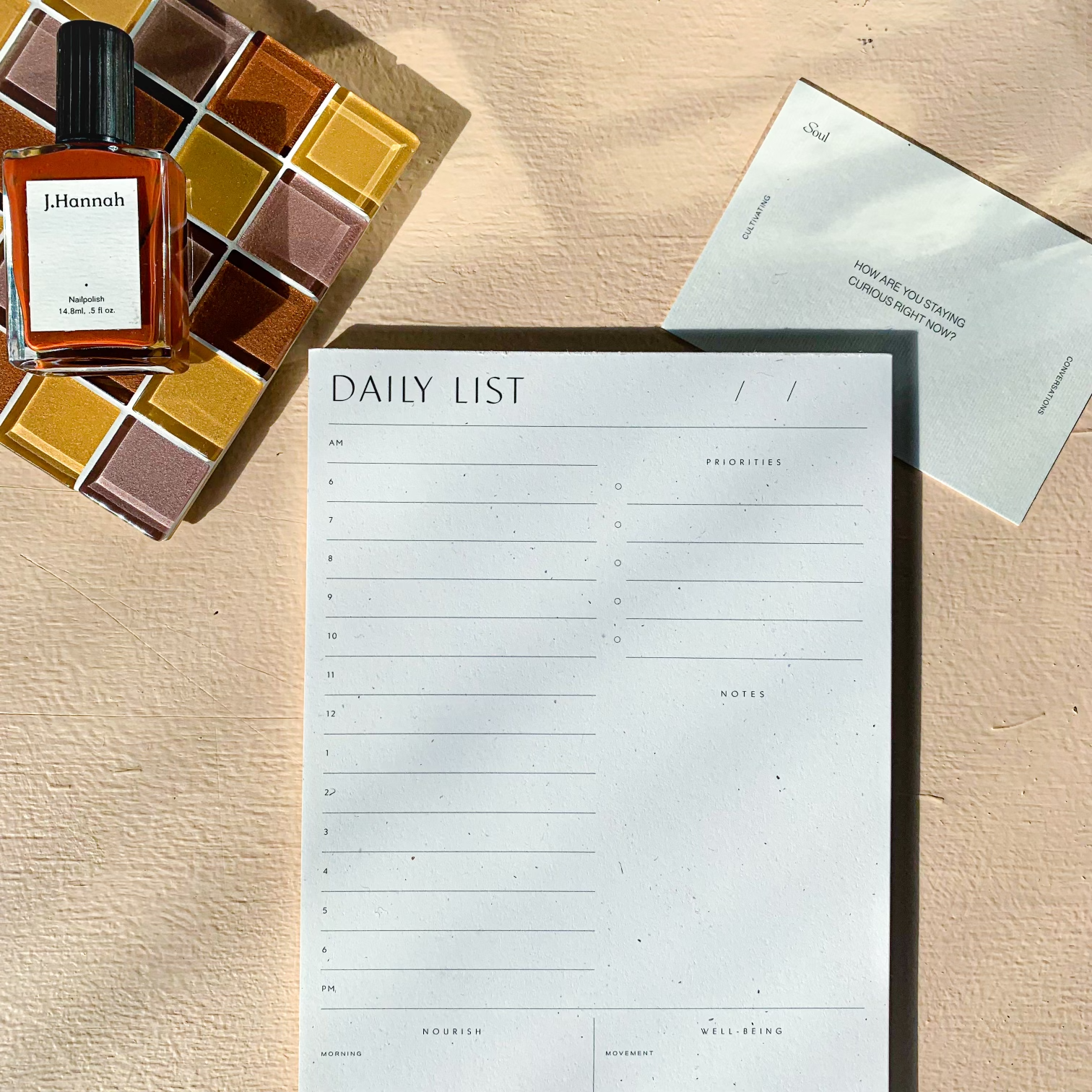 Wilde House Paper Daily List pad. Shows hourly segments and a section for notes, movement, and self care.