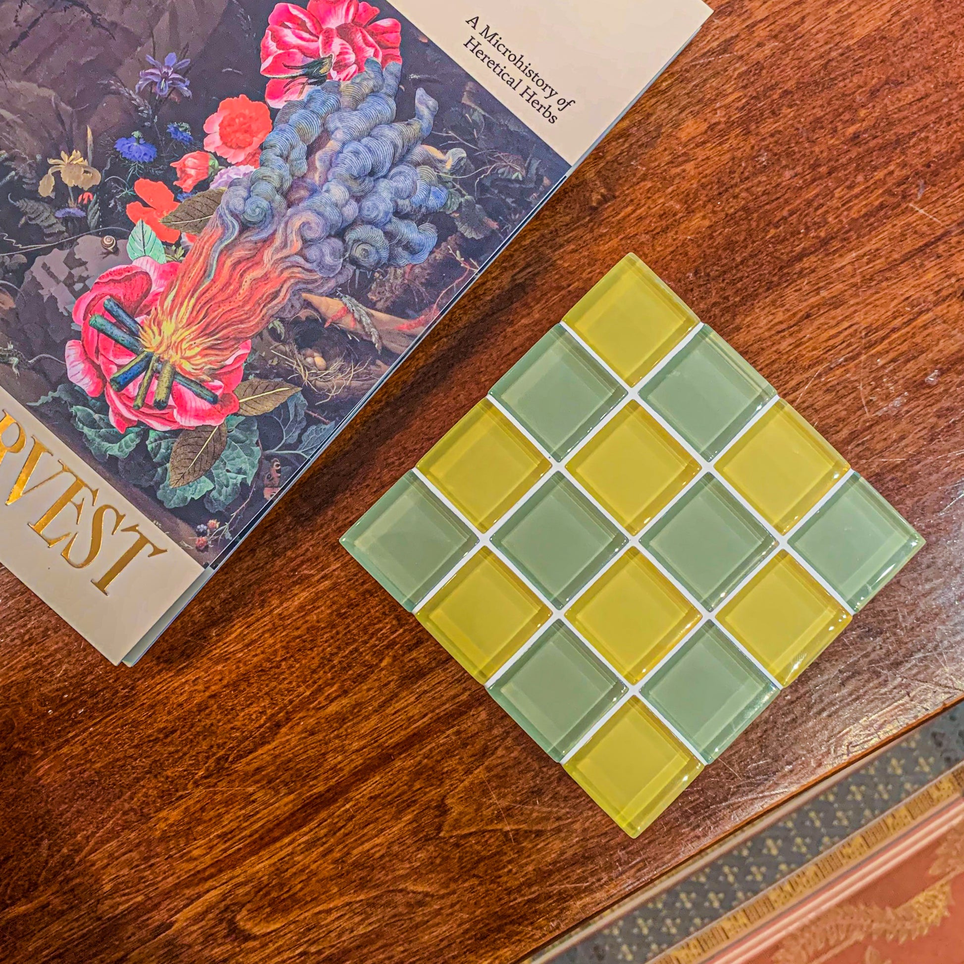 Subtle Art Studios checkered glass tile coaster in sunflowers (olive green and dusty yellow)