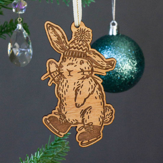 Wood Ornament  ~  Ice Skating Bunny