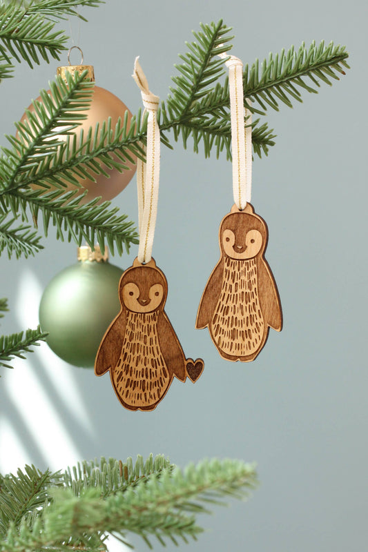 Wood Ornament Pair ~  Penguins