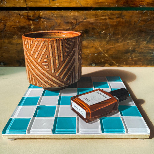 Square Glass Tile Tray ~ Teal & White